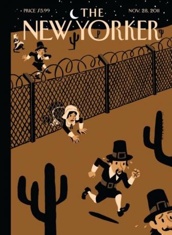 New Yorker cover of Pilgrims as illegal immigrants