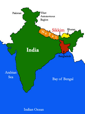 Map of India, Nepal, and other nearby countries